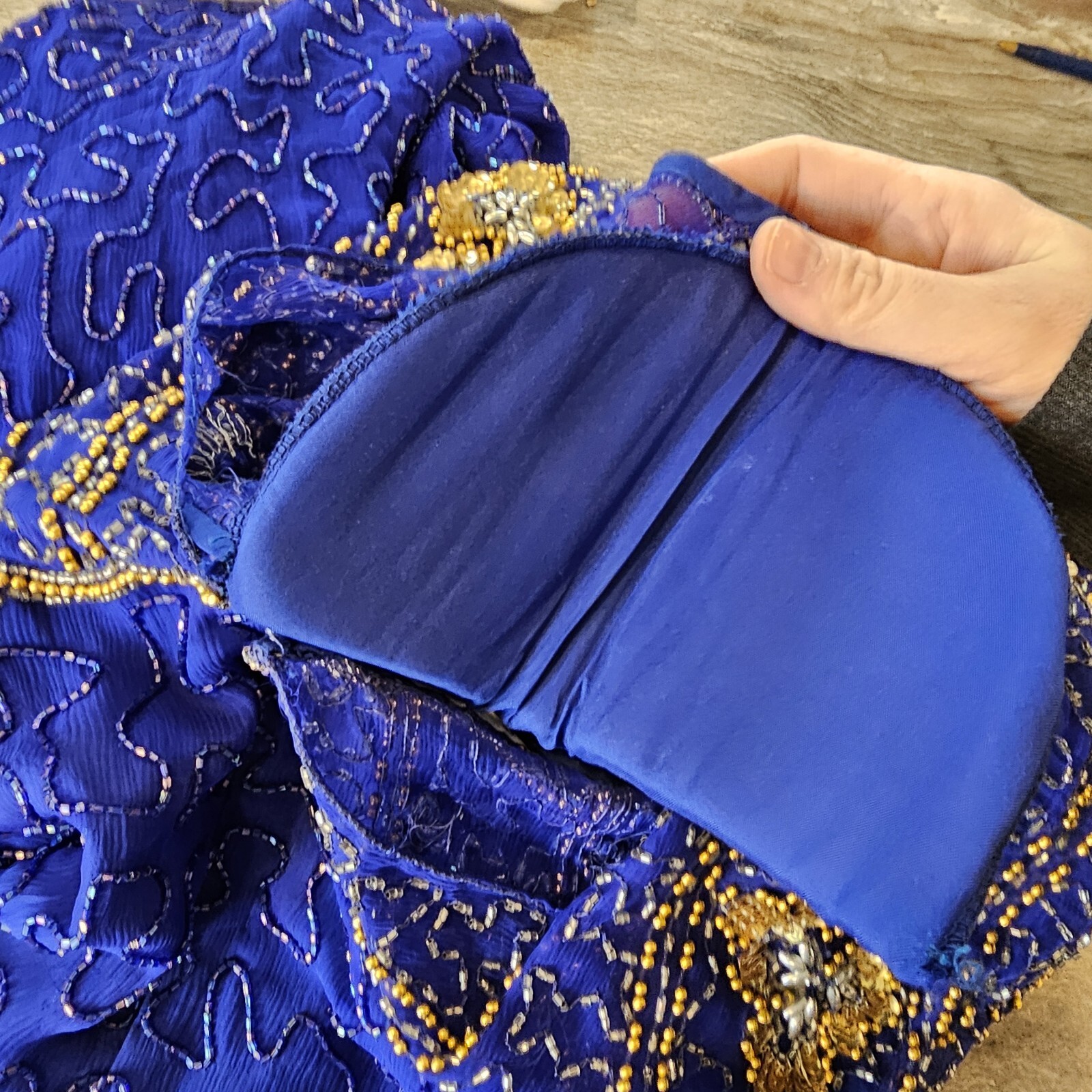 Vintage 80s Royal Blue Silk Beaded Sequins Long Gown Dress Medium 8 10