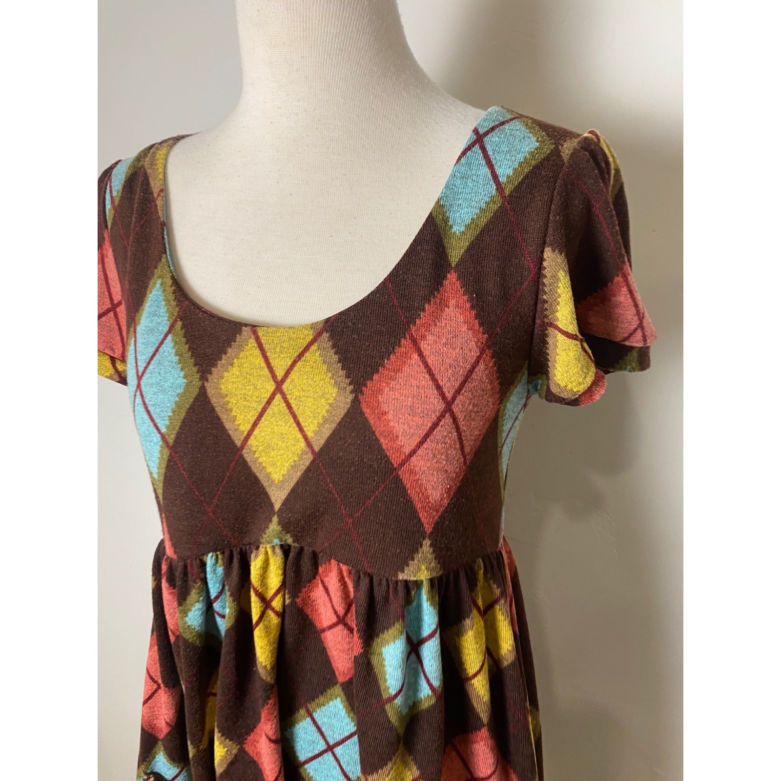 Vintage Necessary Objects Argyle Babydoll Dress Brown Y2K 90s Medium Grunge S/M