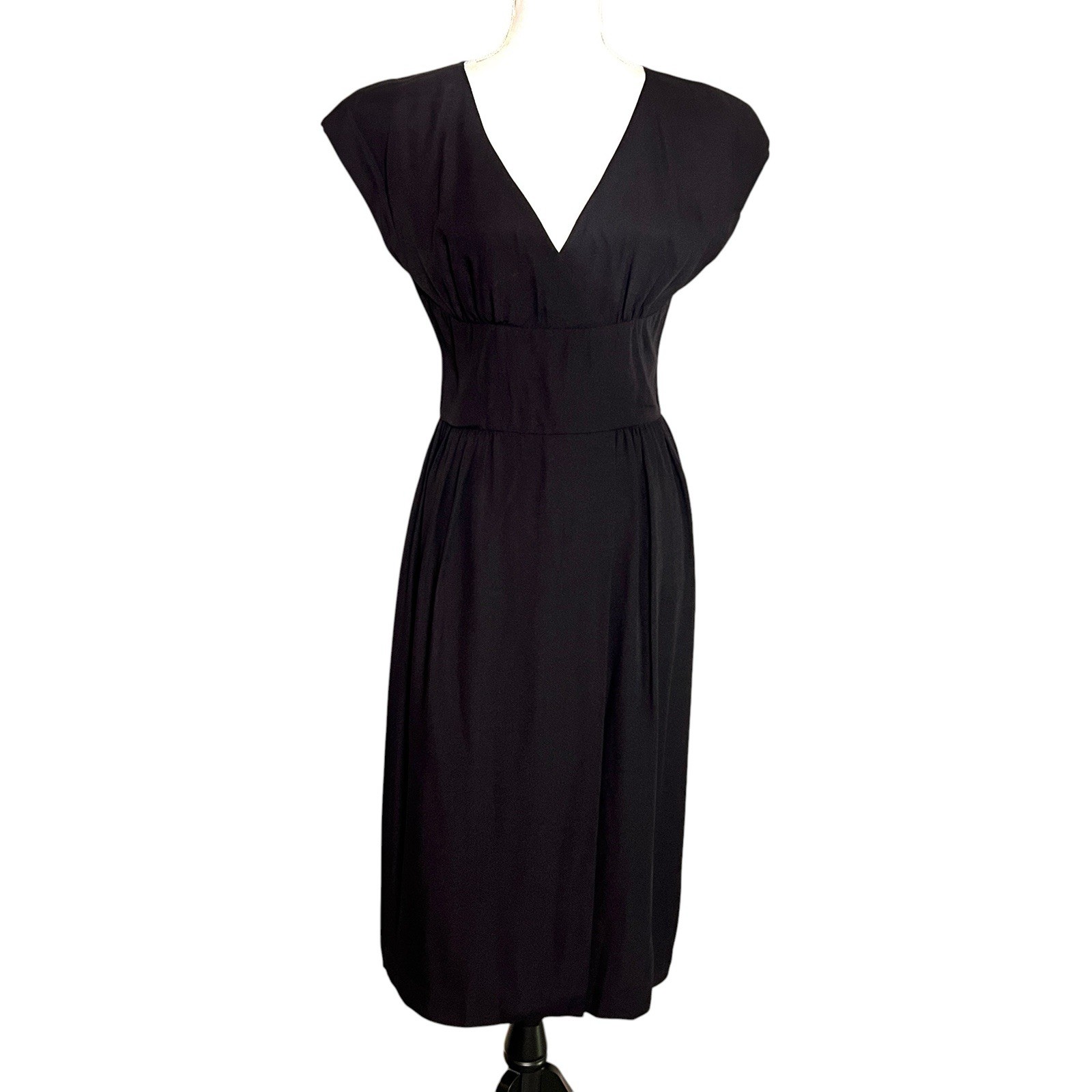 Vtg 90s Halston III Black Cocktail Dress Empire Waist V-Neck Midi Cap Sleeve S