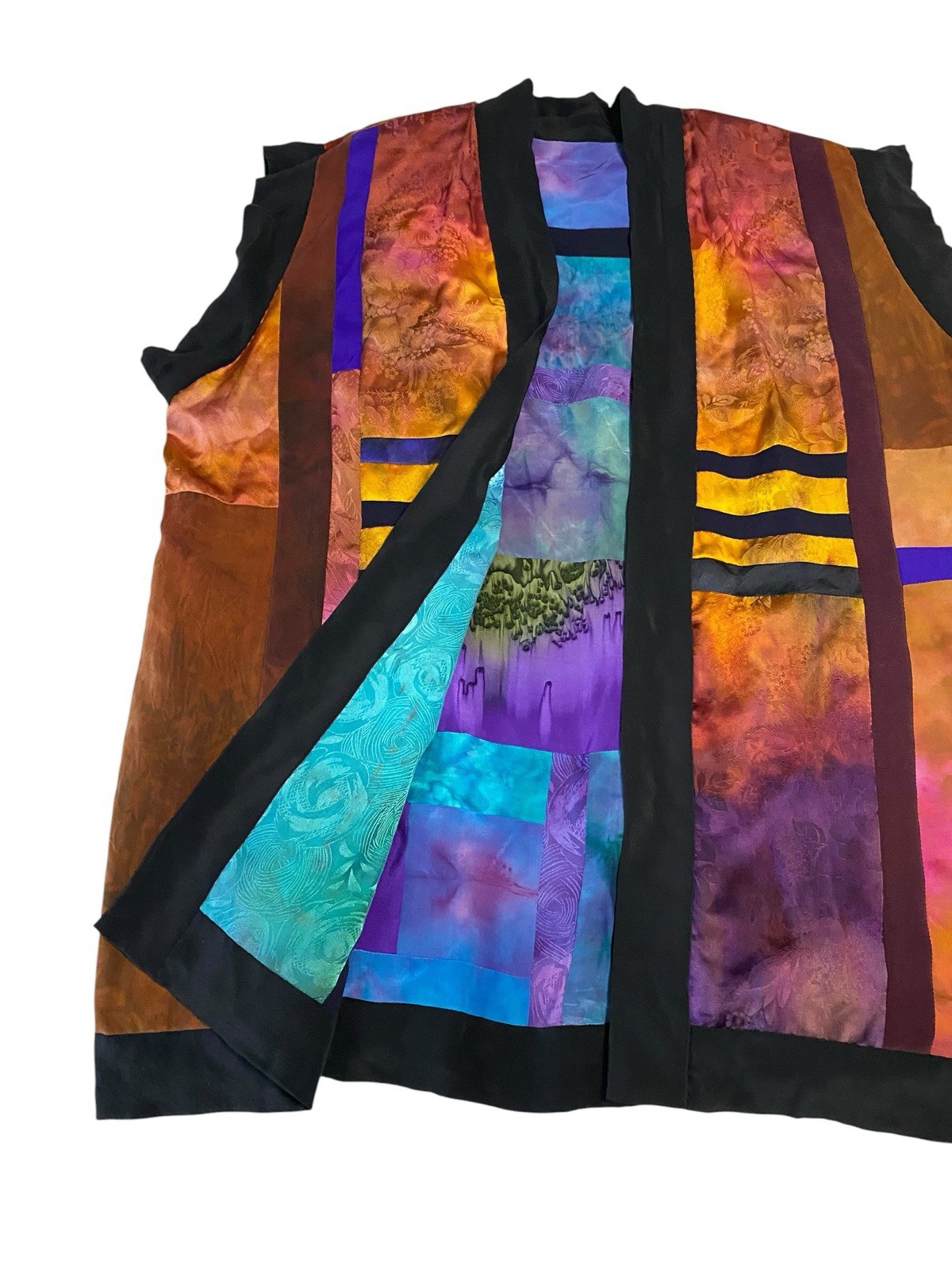 Art to Wear Silk Patchwork Vest Open Front Boho Artisan Kimono Style XL/2X OOAK