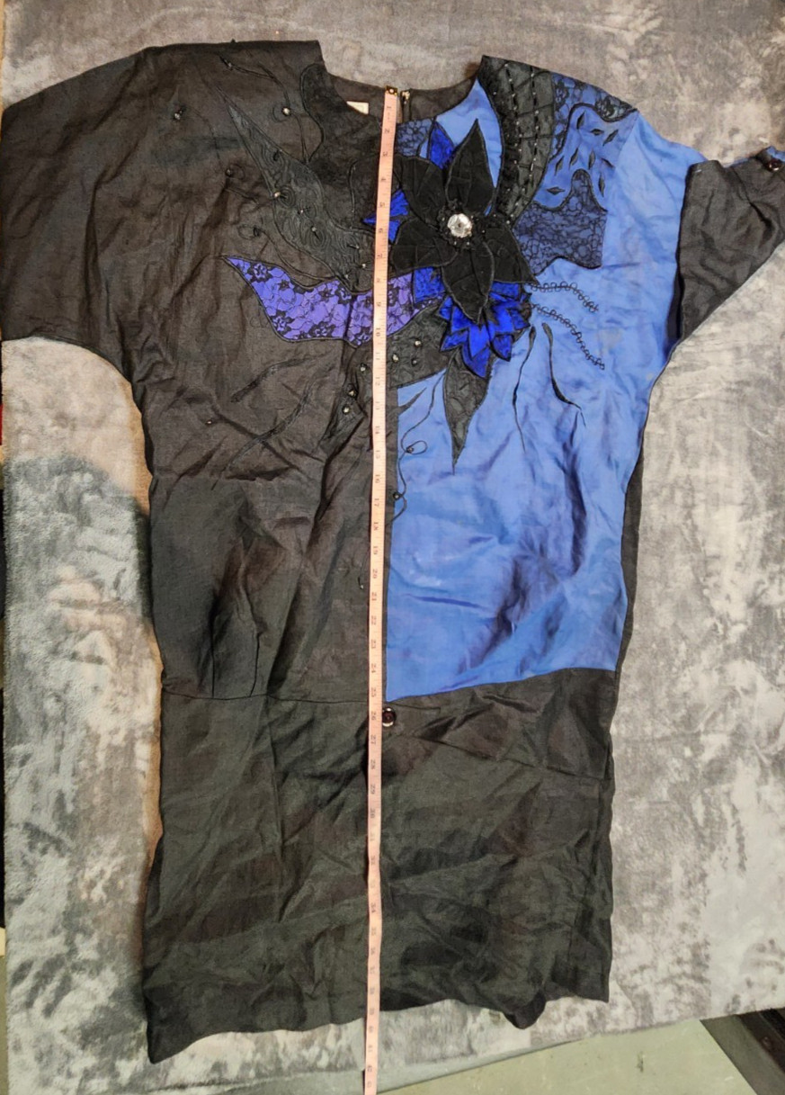 Vintage Anne French Dress Womens 10 Blue Black Ramie Floral Embroidered C*