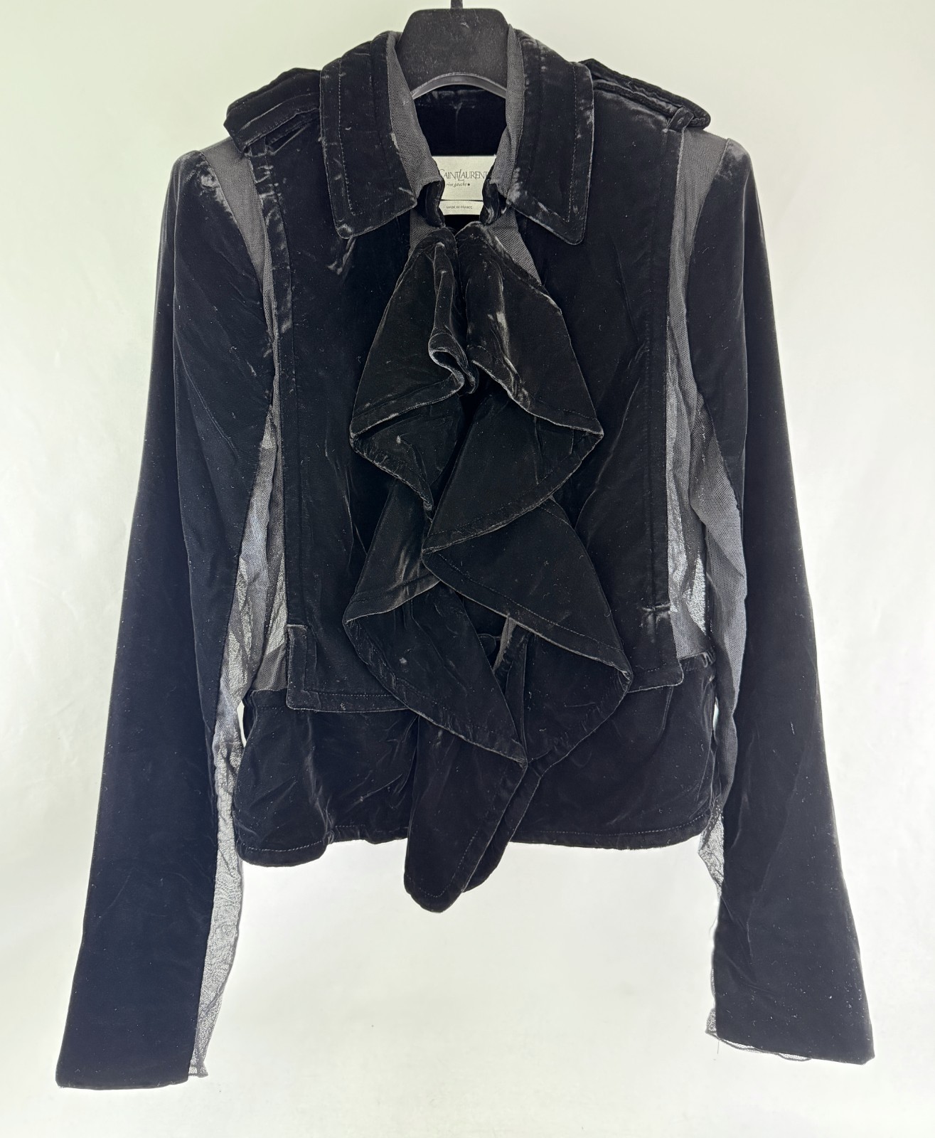 Vintage YSL YVES SAINT LAURENT Velvet Ruffle Jacket 36 38 Black Mesh Panel 2003