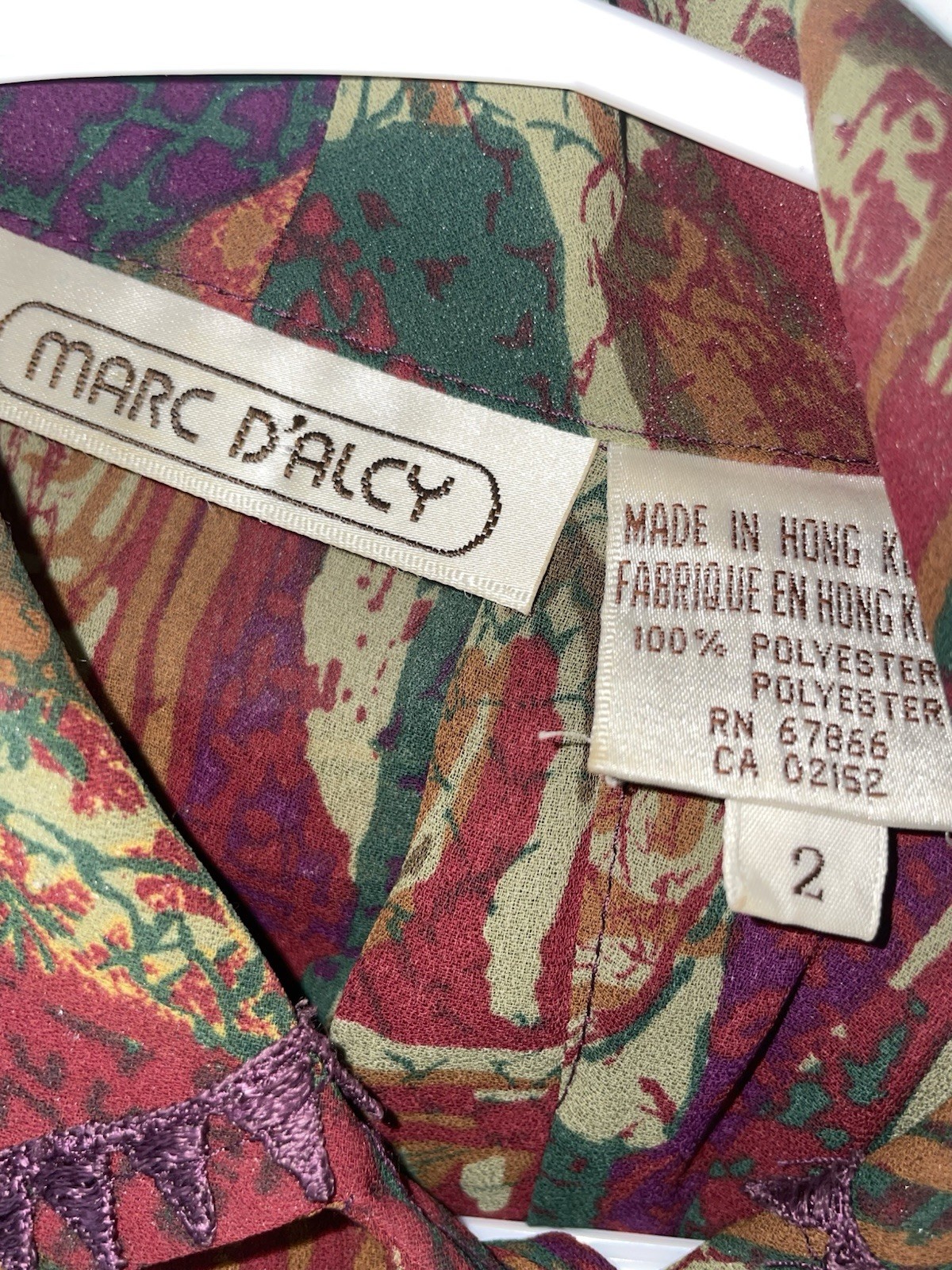 Vintage Marc D’Alcy Blouse Size 2 Abstract Purple Faux Leather Trim Shirt