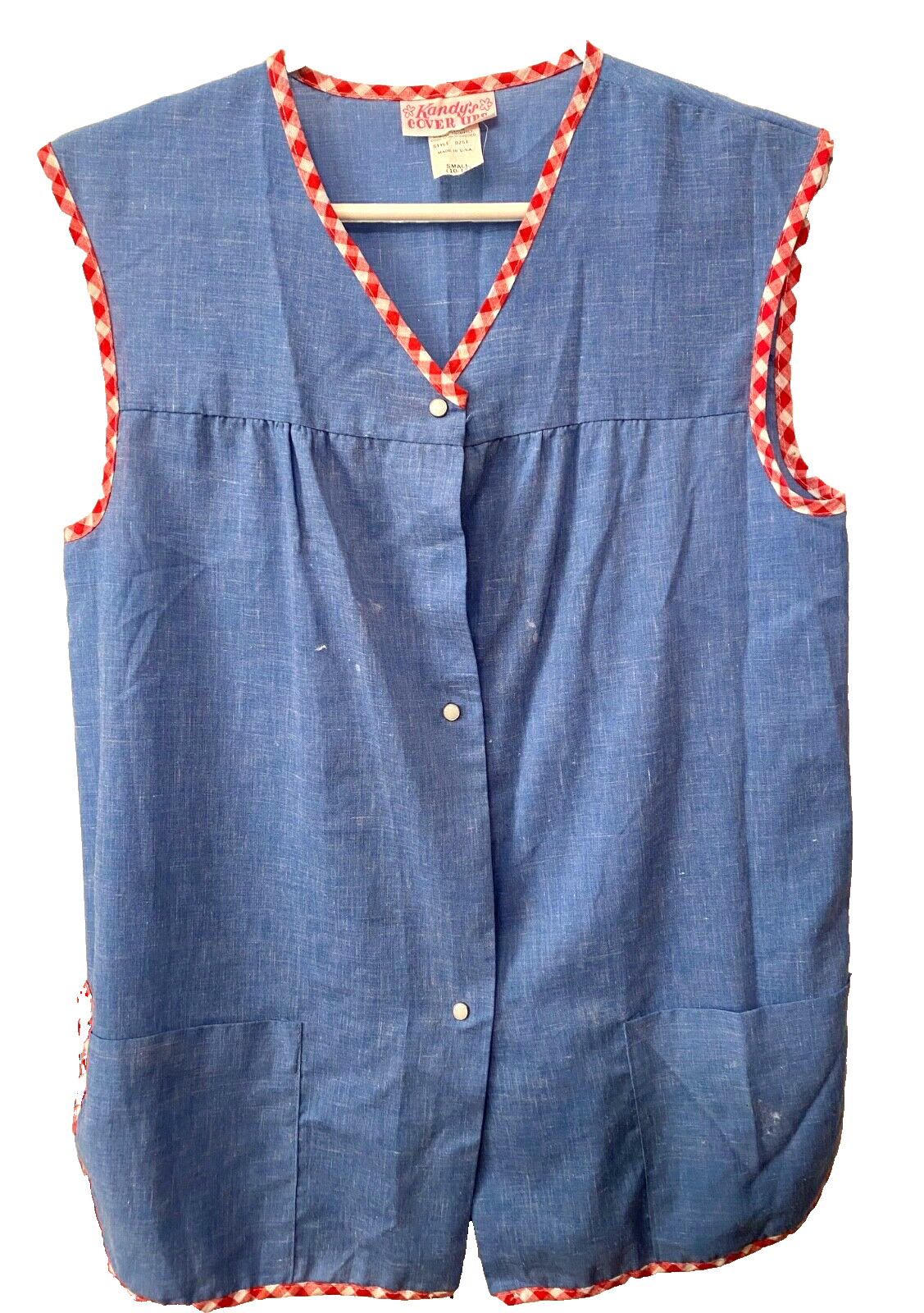 Vtg KANDY’S COVER UPS Womens S Art Smock Vest USA Made BLUE RED PLAID Pearl Snap