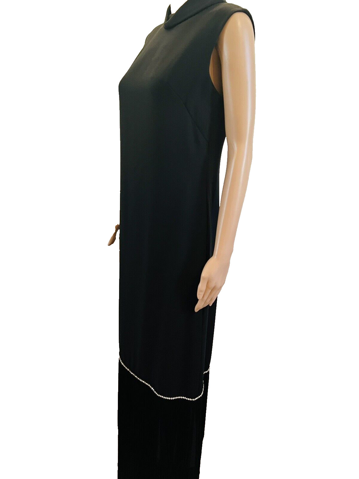 VTG 1960s Pavillon Design Black Evening Gown Maxi Dress Fringe & Rhinestones M*
