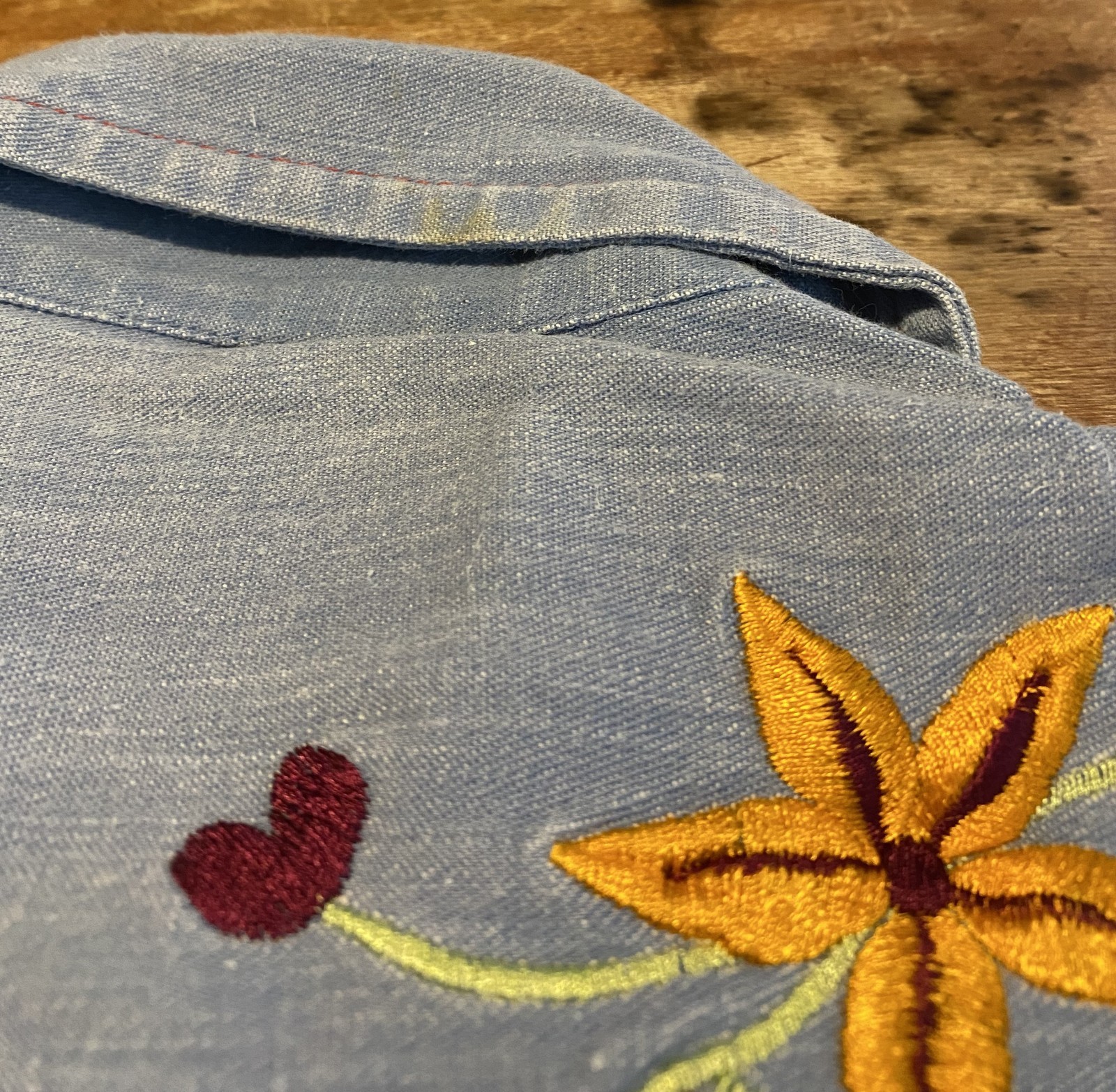 Vintage denim pearl snap button up with embroidery