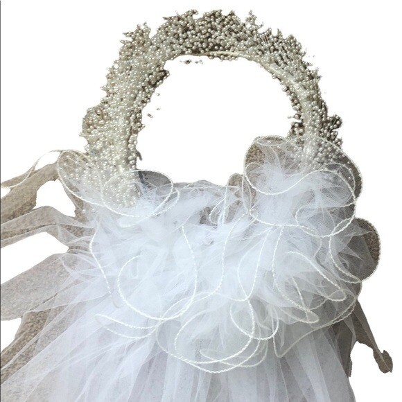 Vintage Wedding Veil Mid Length Tulle Tiny White Seed Pearls Headband 41” White