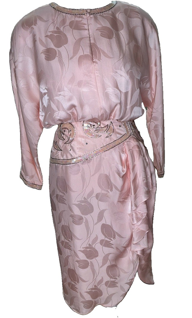 Vintage Oleg Cassini Pink Silk Beaded Cocktail Dress Tulip Jacquard Size 6