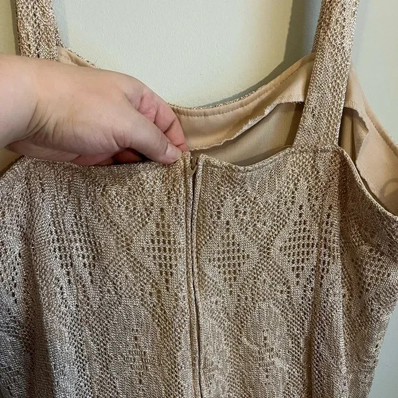 ONYX NITE Wendye Chaitin Vintage Gold Beige Lace Evening Dress with Fringe Trim