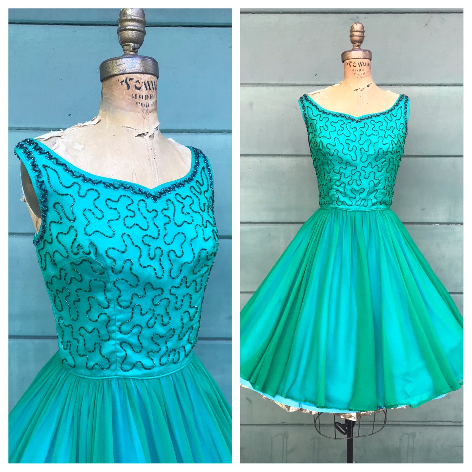 SILK CHIFFON Green Blue Beaded 1950’s Vintage 50s Chiffon Party Vintage Dress S