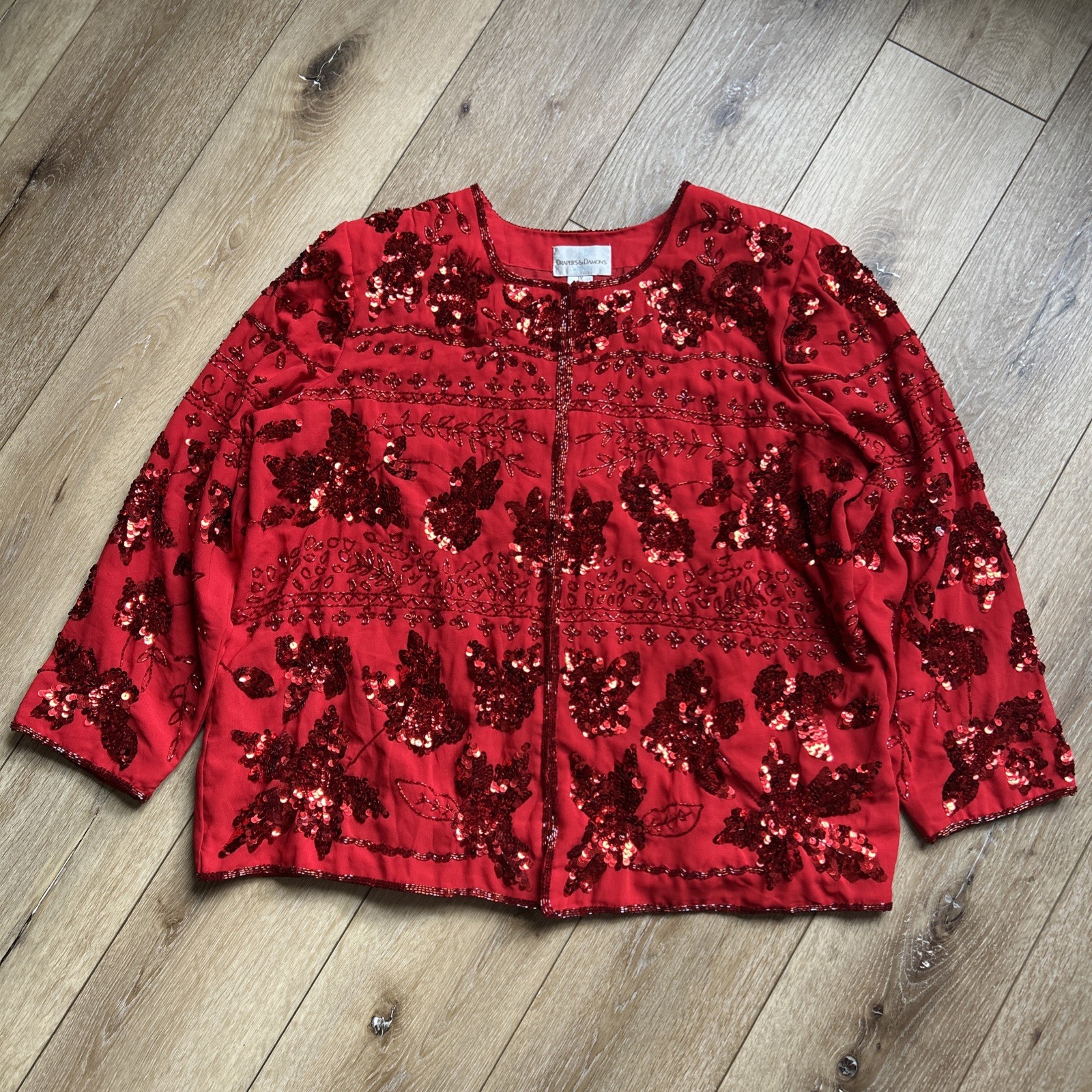 VTG DRAPER’S AND DAMON’S SILK BEADED SEQUIN BLAZER JACKET SIZE 1X Red Holiday