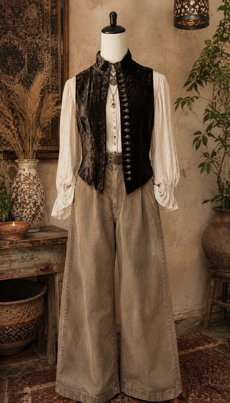 Vintage 1990s Banana Republic Brown Velvet Mandarin Collar Boho Goth Vest Size 8