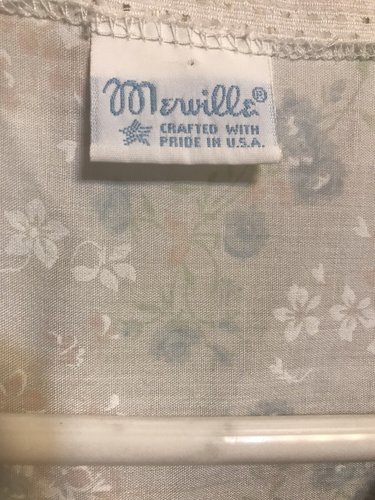 Vintage Merville Baby Blue Lace Ribbon Button House Night Gown Pocket USA Sz L
