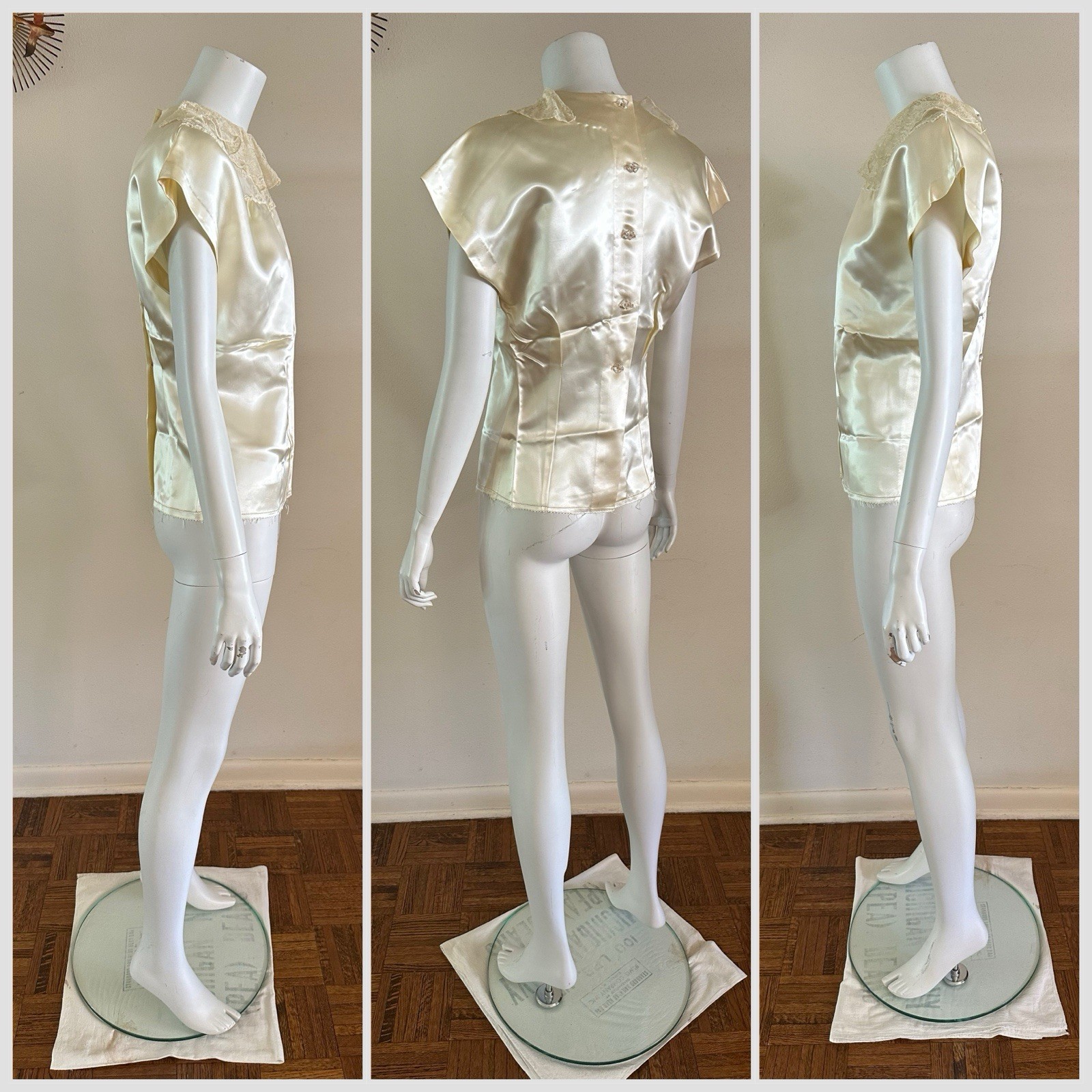 1940s Liquid Satin Lace Ruffle Collar Beaded Blouse Back Button Top VTG