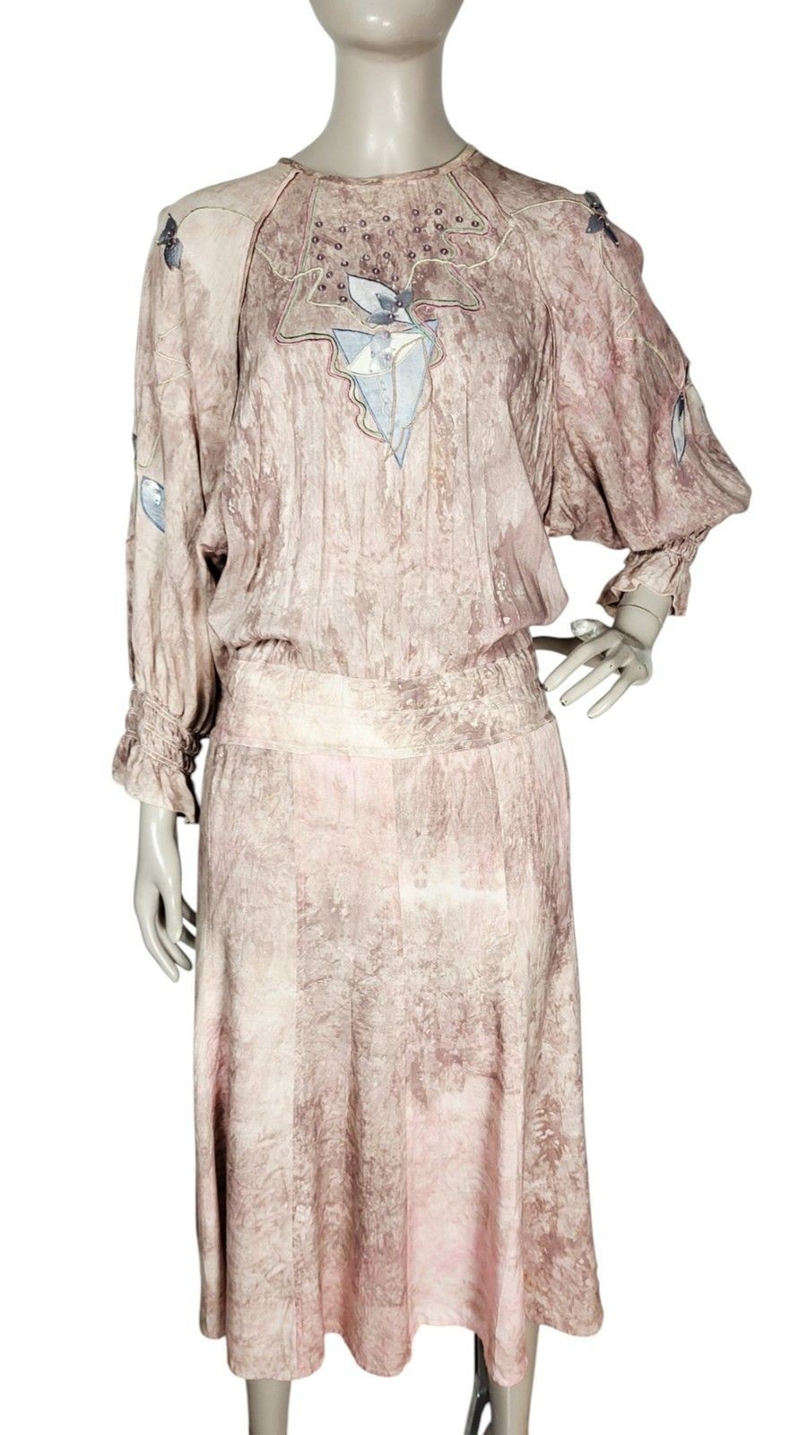 VTG 80s Marc D’Alcy Paris Hand Dyed Beaded Embroidered Floral Artsy Boho Dress