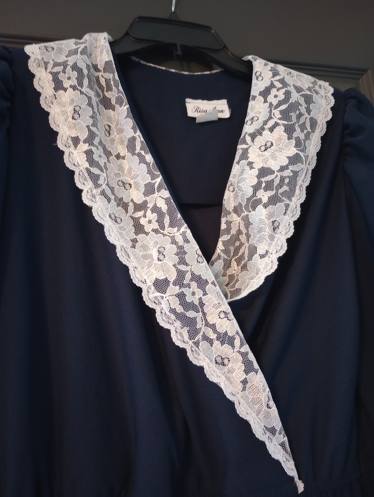Retro 80s Navy Maxi Lace collar Prairie granny Chic Vintage Secretary dress VTG