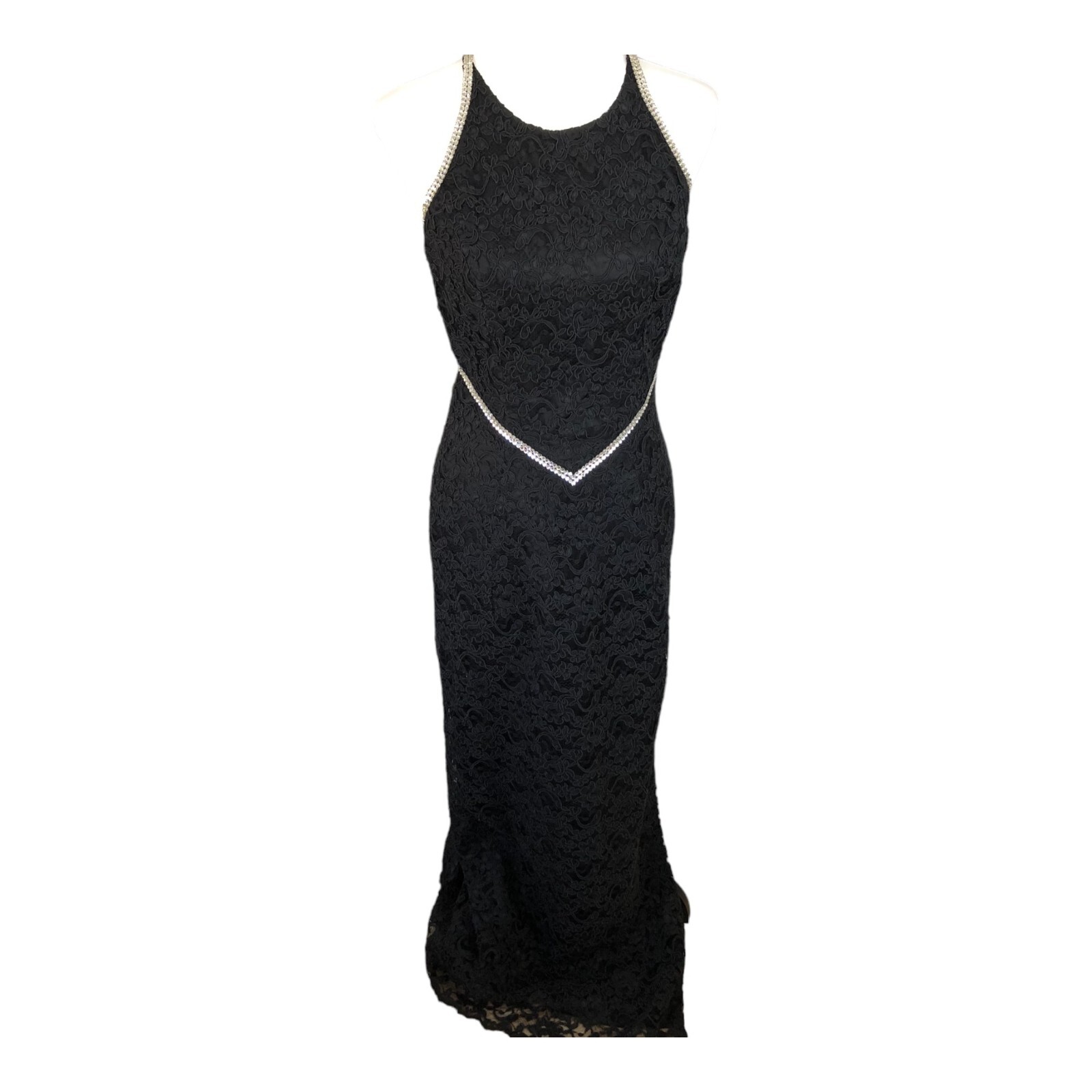 Janine Rare Vintage 90s Rhinestone and Lace Sexy Cocktail Open Back Maxi Gown M