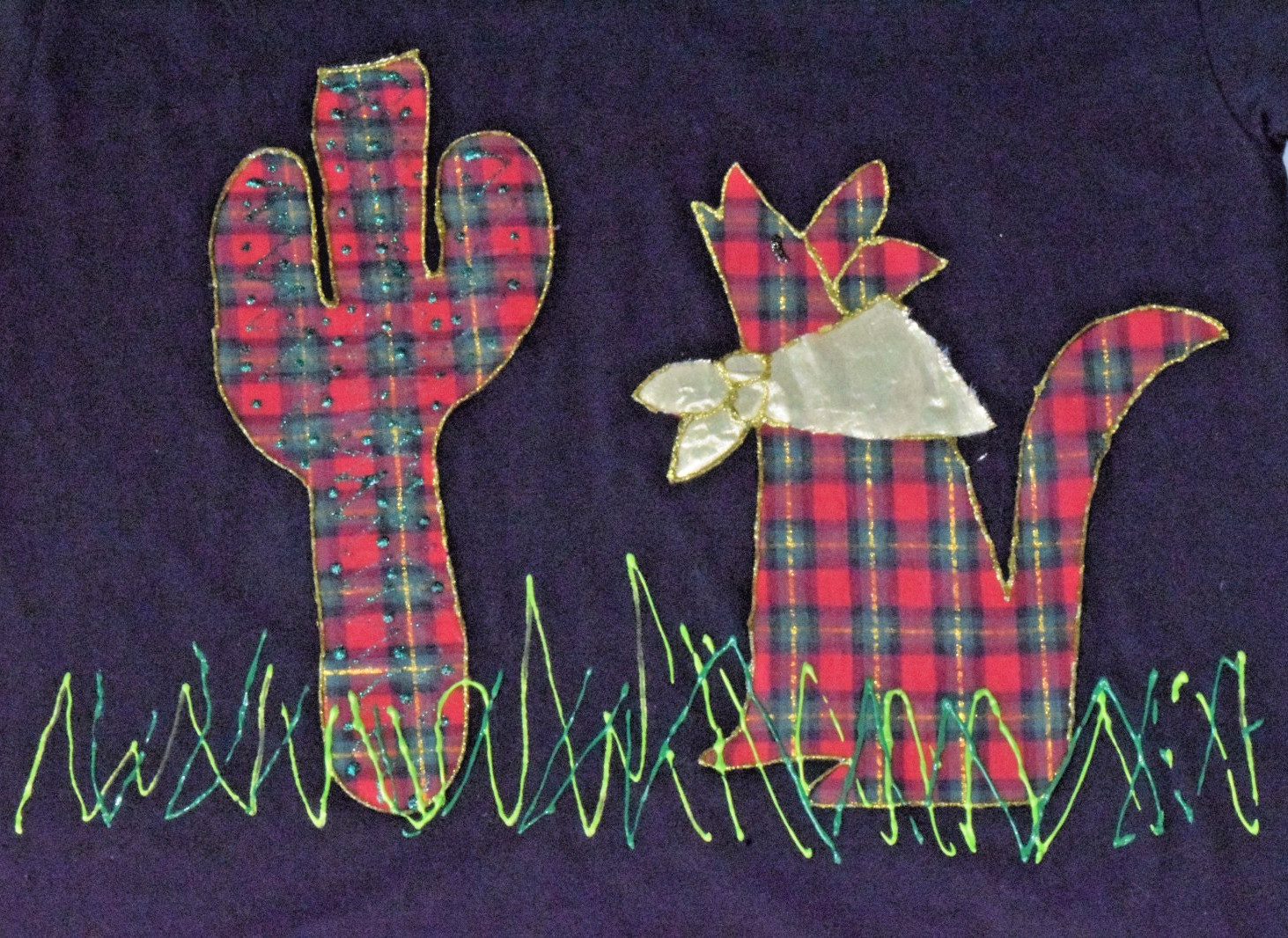 VTG T-Shirt Sunbelt LS Size L 90s Plaid Cactus Coyote Patch Puff Paint Made USA