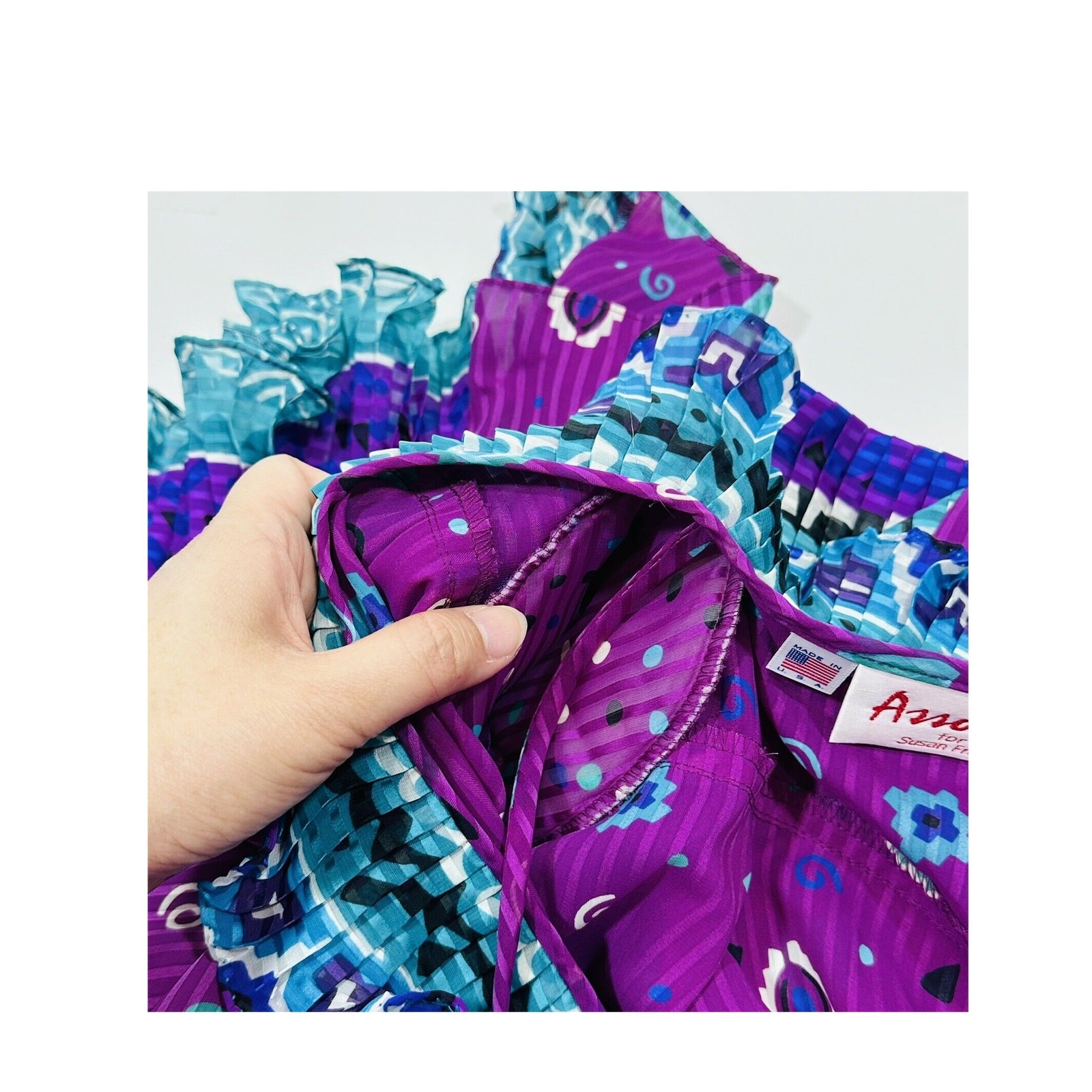 Vintage Assorti Susan Freis Size S Maxi Dress Purple Green Ruffle Smocked V Neck