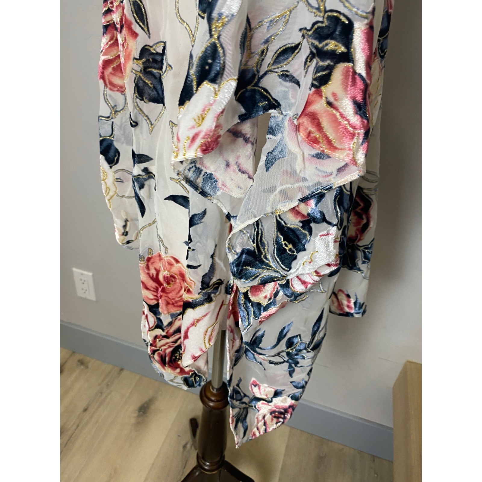 Vintage 90s Velvet Burnout Floral Kimono Wrap Gold Metallic Rose Sheer Cardigan