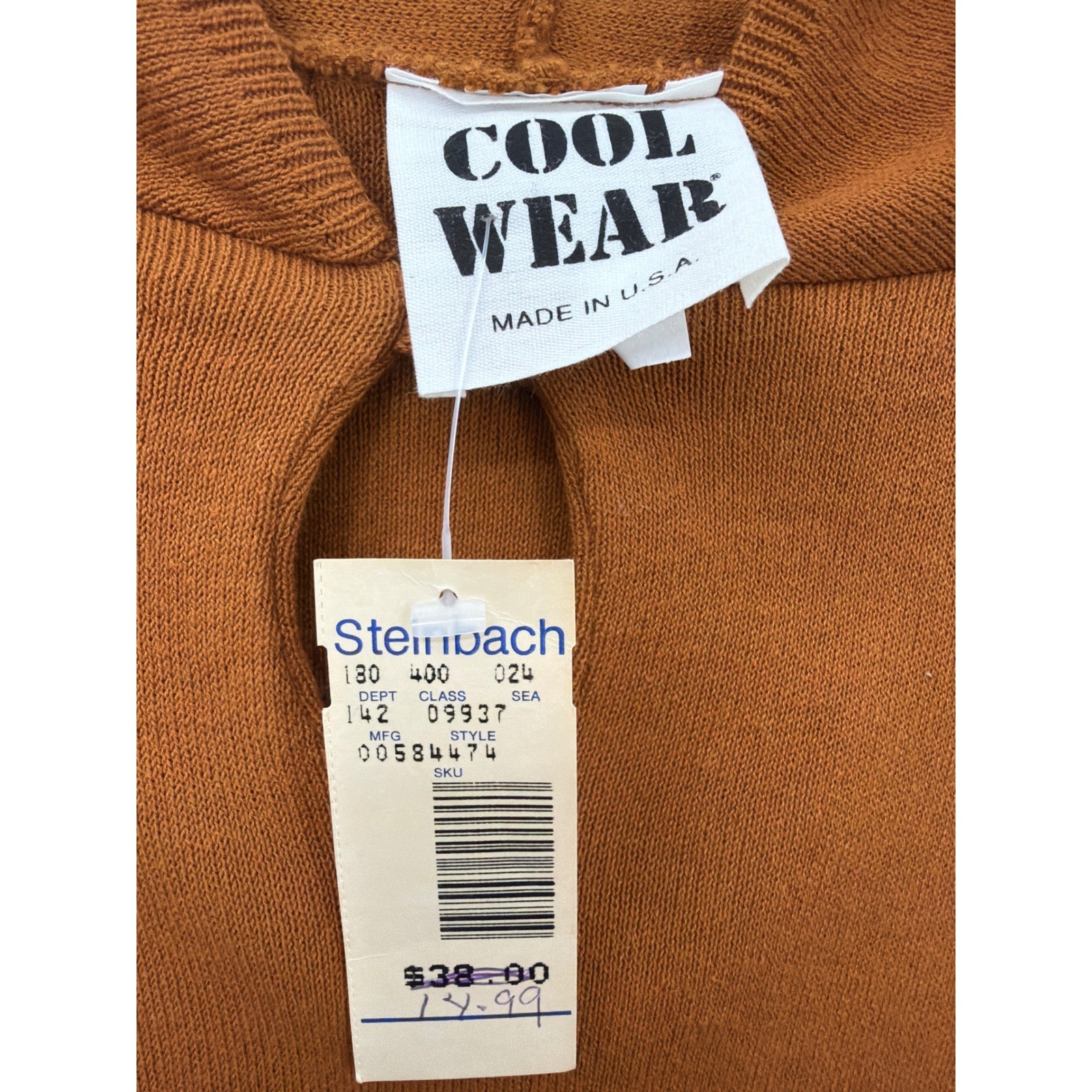 VTG Cool Wear Burnt Orange Hooded Keyhole Sweater Top 100% Cotton Made in USA OS