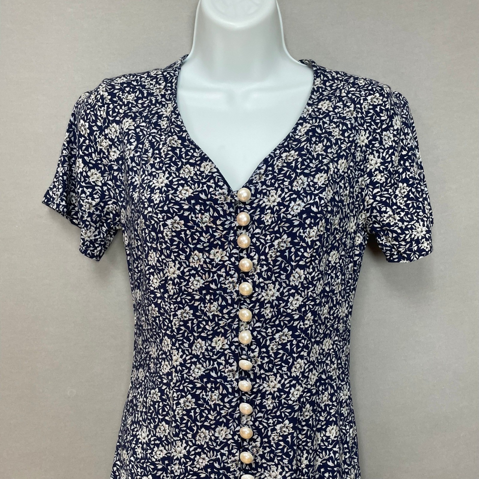 Vintage Paris Sport Club Dress Navy Floral Midi Faux Pearl Button Juniors Size 3
