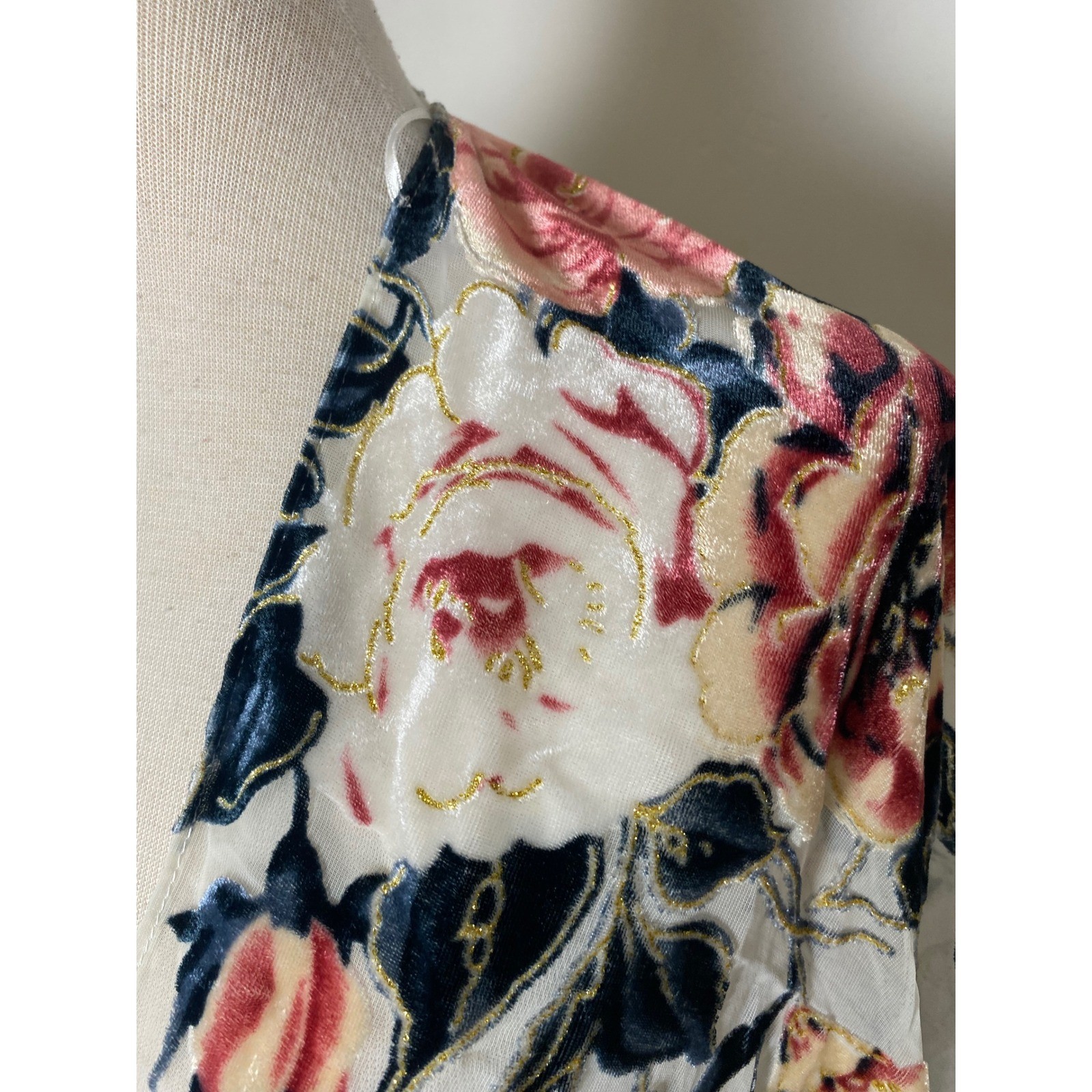 Vintage 90s Velvet Burnout Floral Kimono Wrap Gold Metallic Rose Sheer Cardigan
