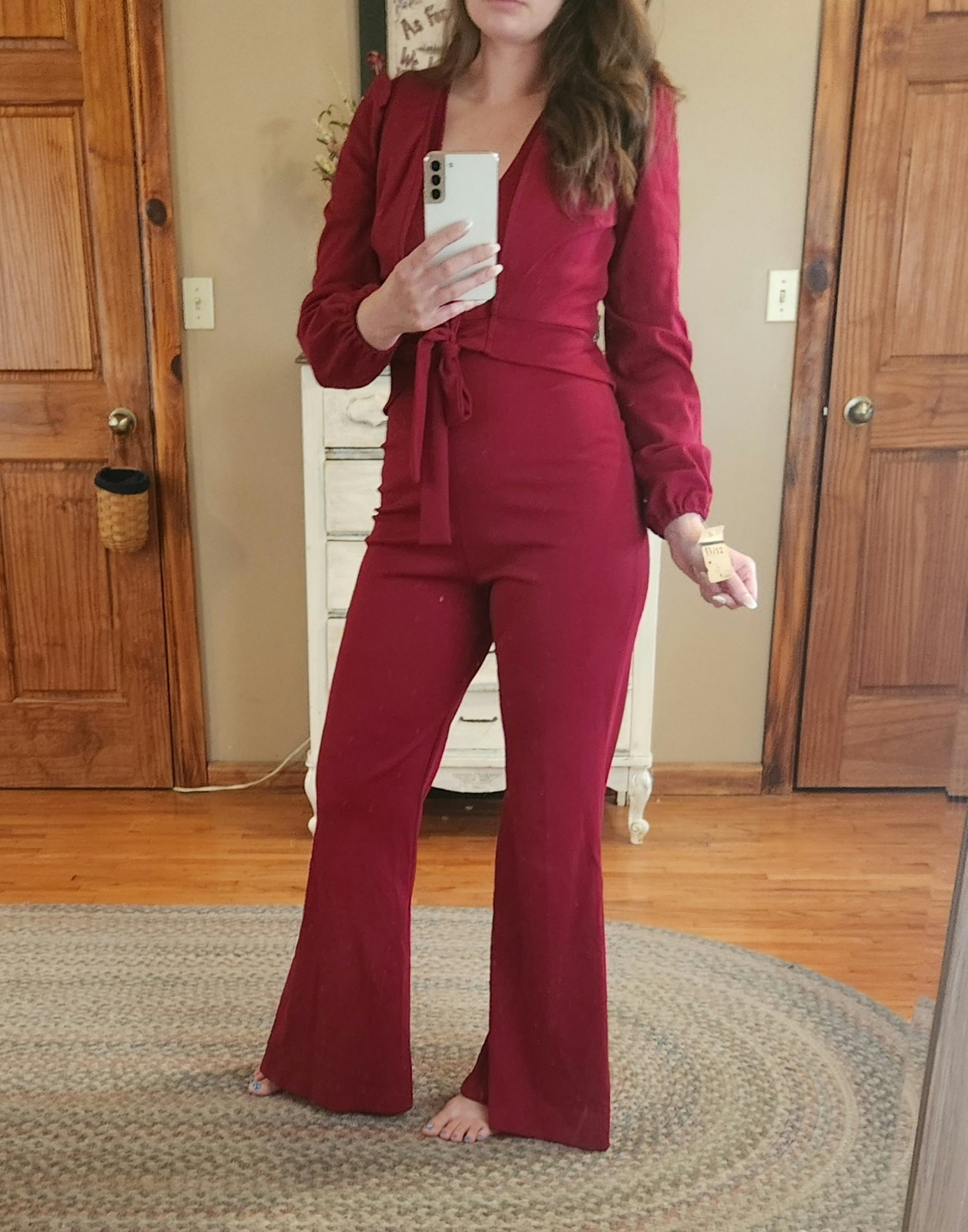 VTG 1970s Deadstock Jumpsuit Bell Bottom Open Back Disco Burgundy 11/12 Fit S/M
