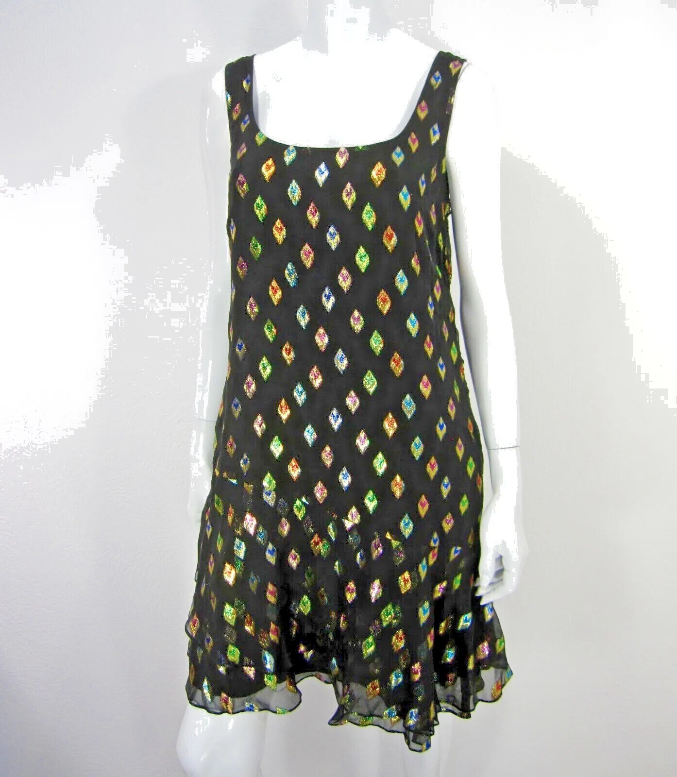 DKNY Women’s colorful Diamond Embroidered Dress Size L Large Black Ruffled Hem