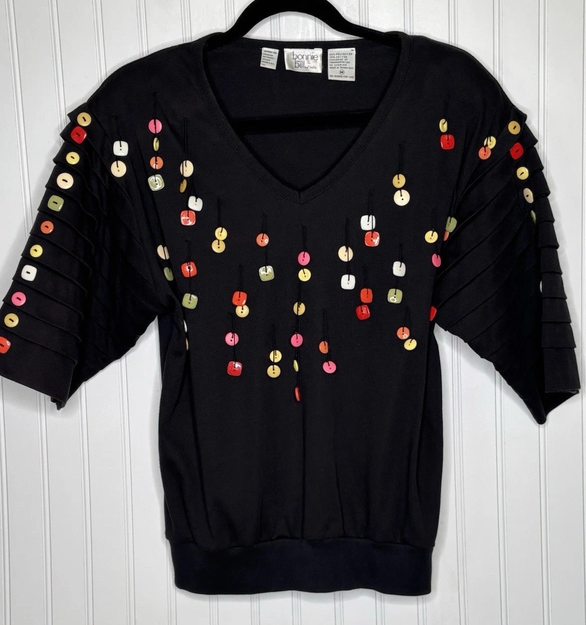 Vtg Bonnie & Bill by Holly 80-90’s Black Top Shirt Med Pleated S/S Buttons Retro