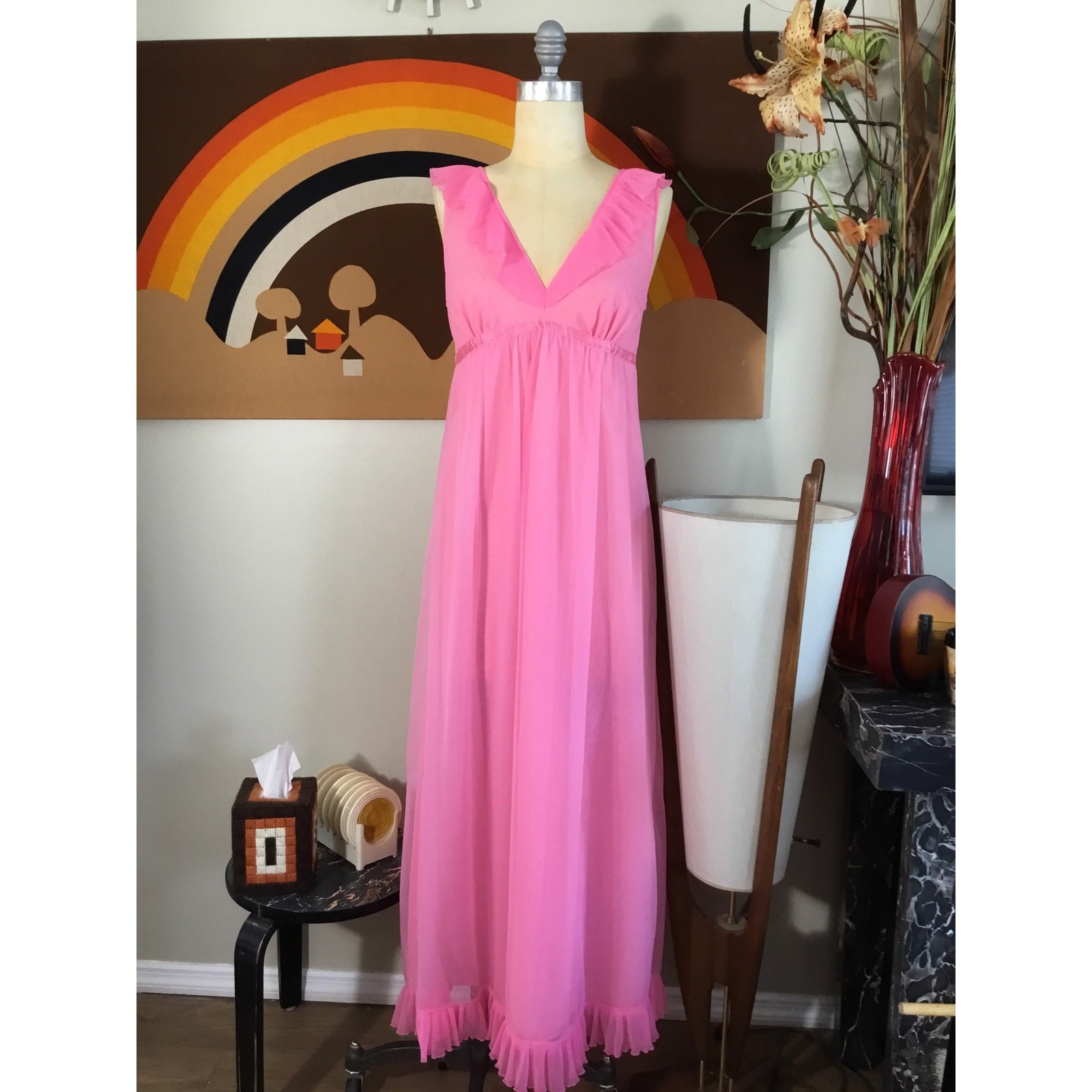 Evette 1960s Pink Nylon Nightgown Sheer Layer Ruffled V Neck Sleepwear Barbie