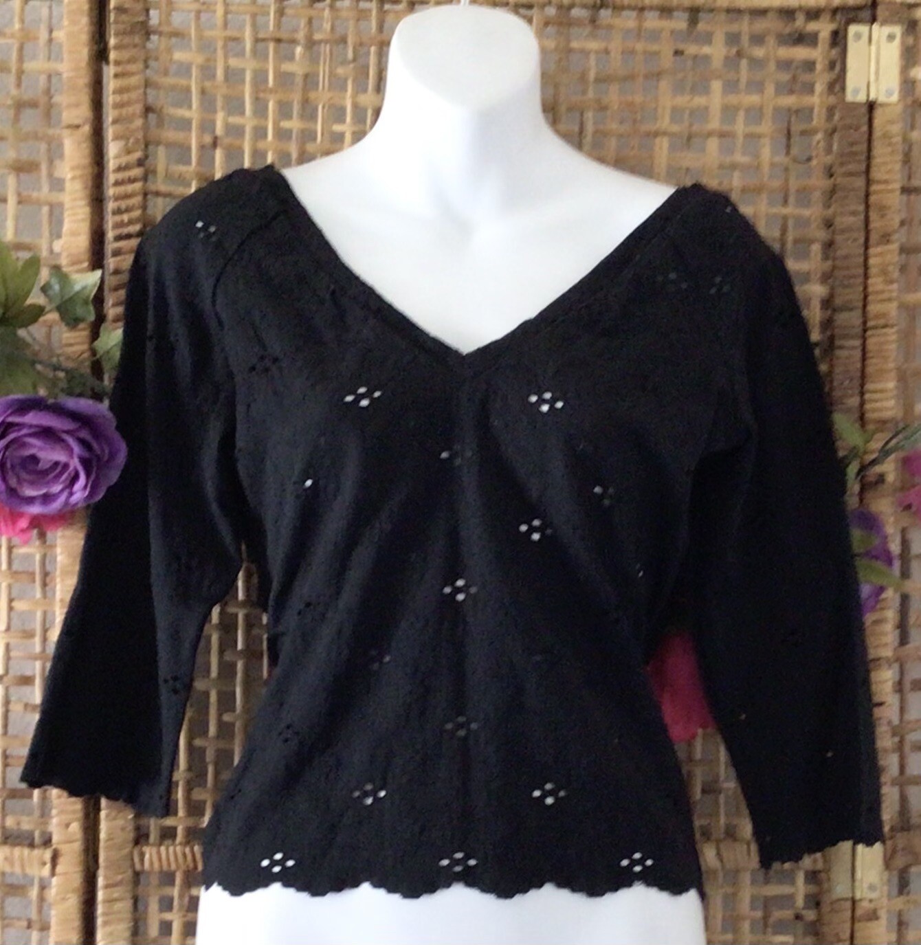 NWOT Vintage Y2K Victoria’s Secret Moda Intl Black Stretch Sheer Eyelet Top M