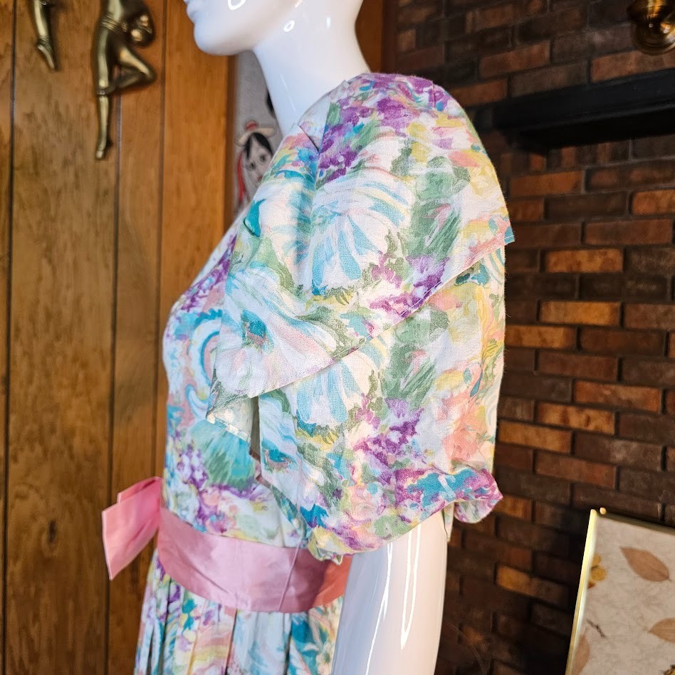 Vtg 80s Fever Dream Floral Romantic Garden Party Belted Bow Volup Tea Dress M/L