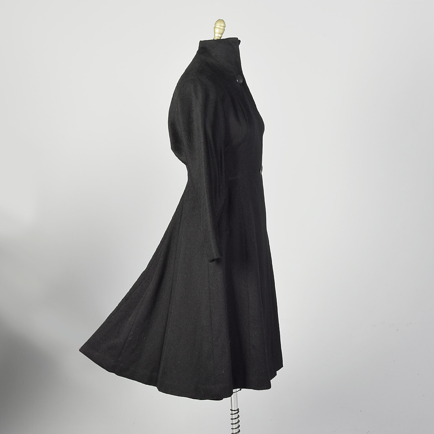 Large 1950s Princess Coat Black Wool Batwing Dolman Sleeve Winter VTG 50s