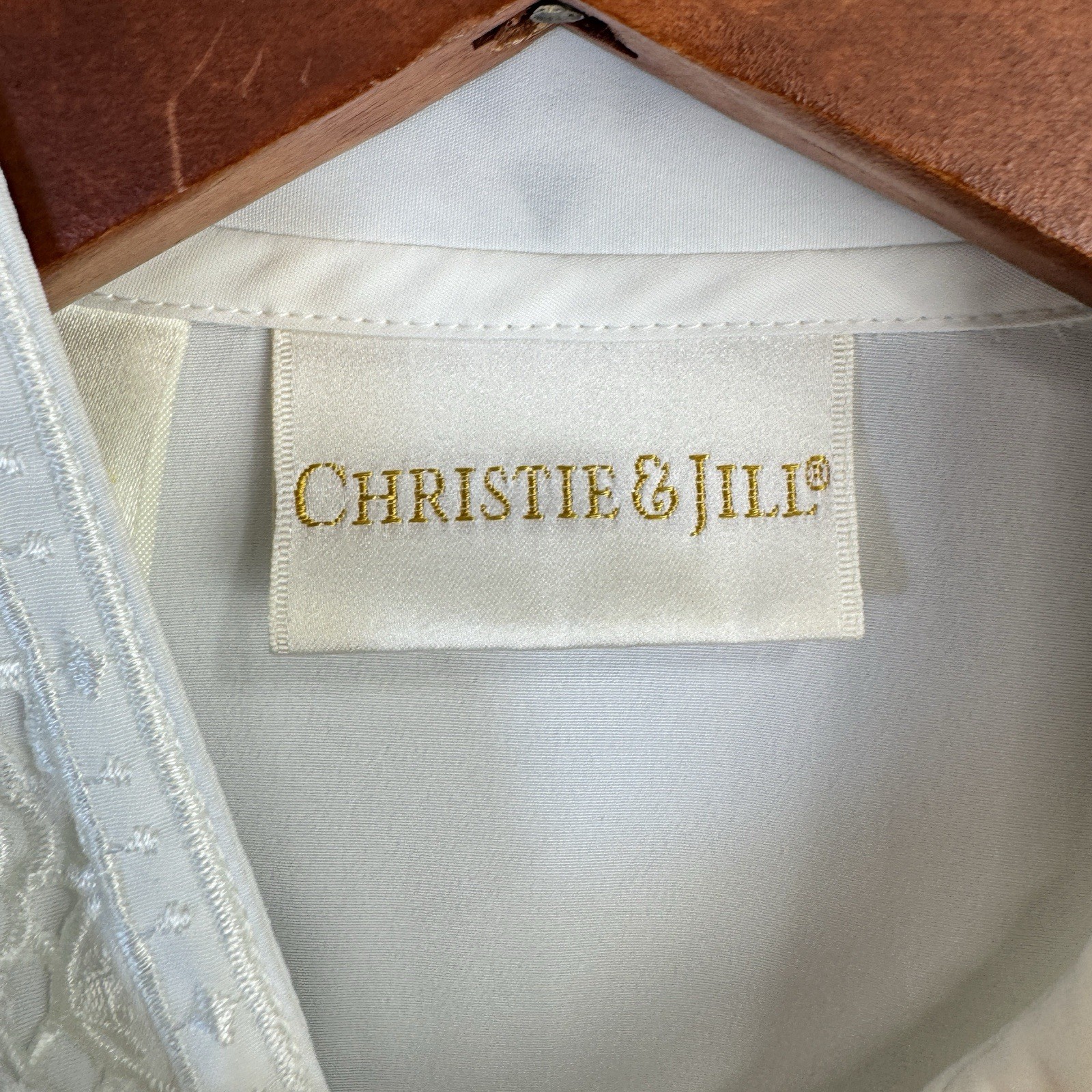 VTG 80s 90s Christie & Jill Petite 6P White Blouse Lace Appliqué High Collar L/S