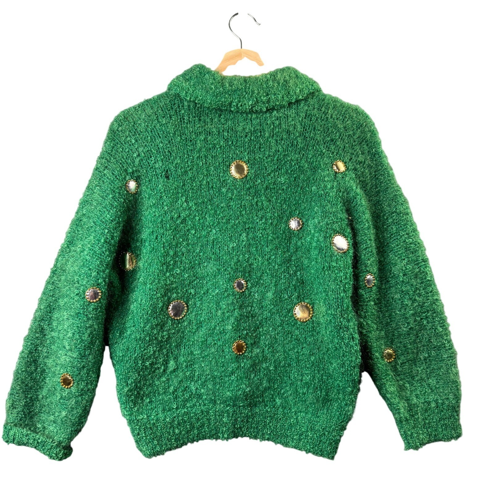 Vintage Jules Tabach California Green Boucle Cardigan Mirror Studded Sweater