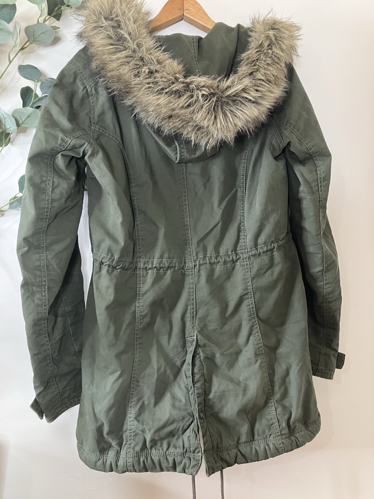 VTG Hollister Army Green Parka Jacket Sherpa Lined Womens M Y2K Faux Fur Hood