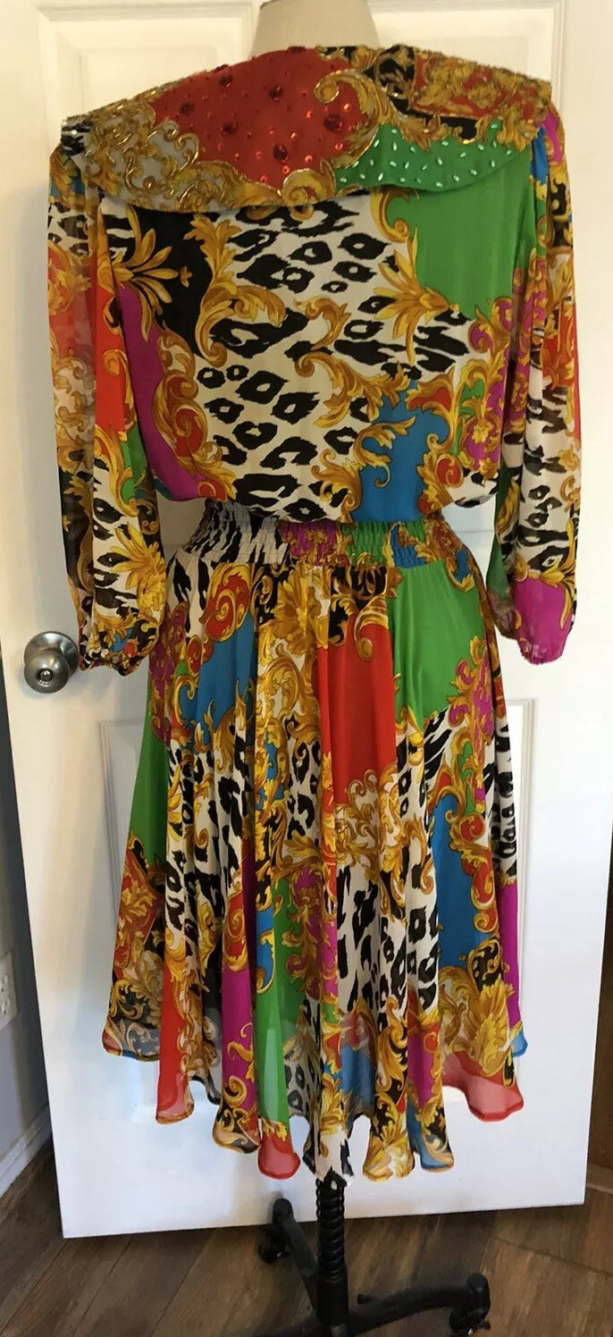 Vintage 80s Diane Freis Beaded Baroque Dress Ruffle Collar Puff Balloon Sleeves
