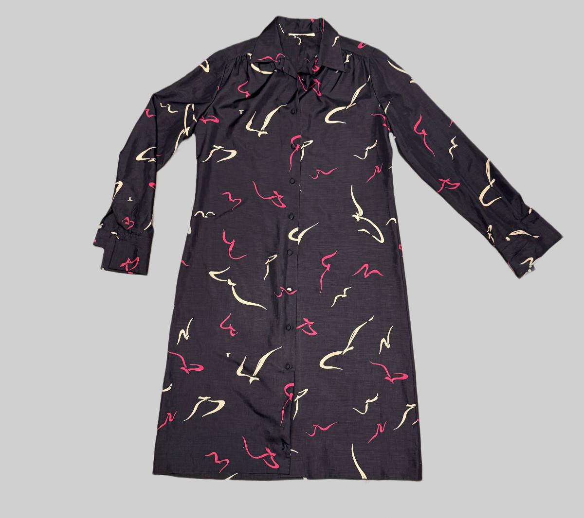 Lanvin 80s 1980s Geometric Print Colorful LL Pattern Navy Shirt Dress Silk 10