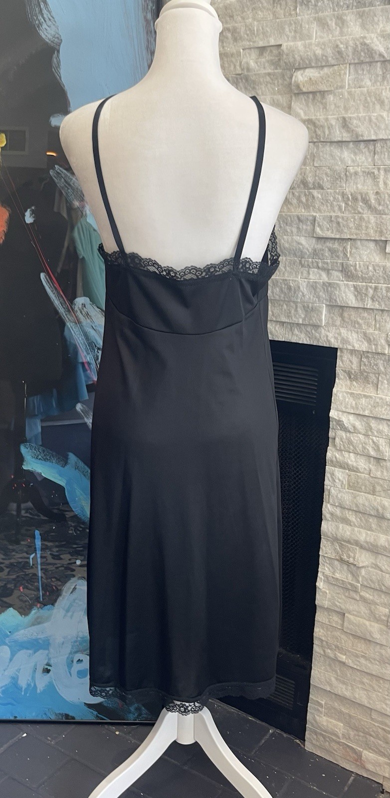 VINTAGE JET BLACK WITH BLACK LACE FIRST LOVE WOMEN’S FULL NYLON SLIP IN SIZE 36