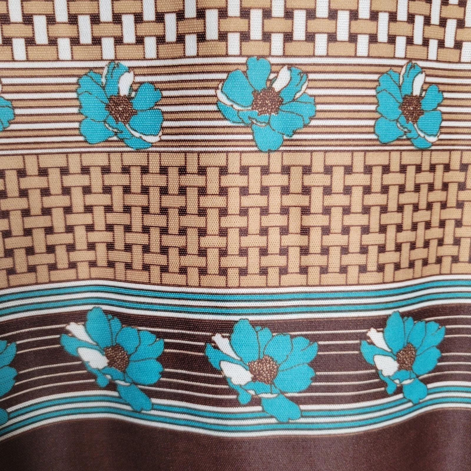 Vintage 1970s Blouse Shacket brown aqua Sz M pop art floral mod hippie