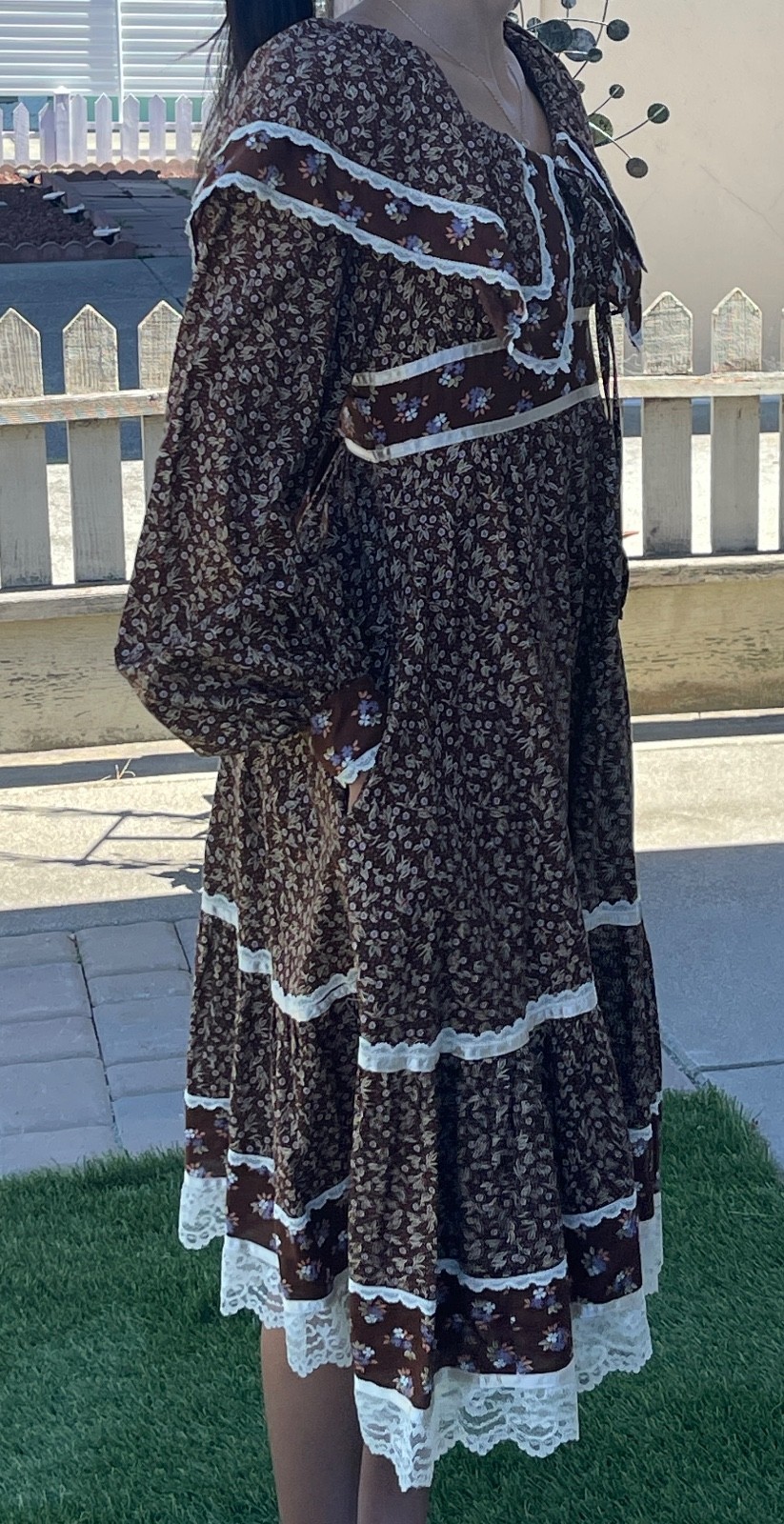 Vtg 1970s Gunne Sax Style Brown Calico Prairie Dress Ruffle Midi Small~Tag Cut