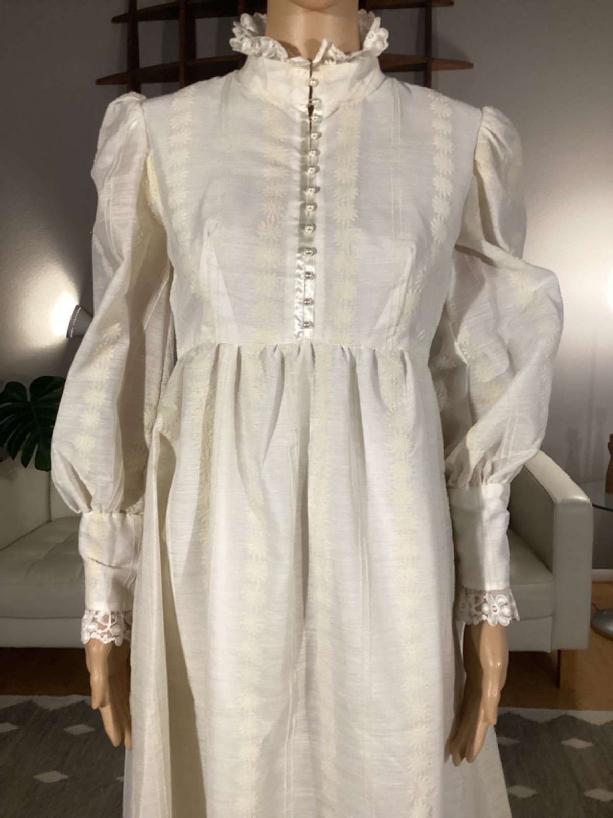 Vintage 60s 70s Prairie Maxi Dress Lace Hippie Boho Victorian Flocked Flowers