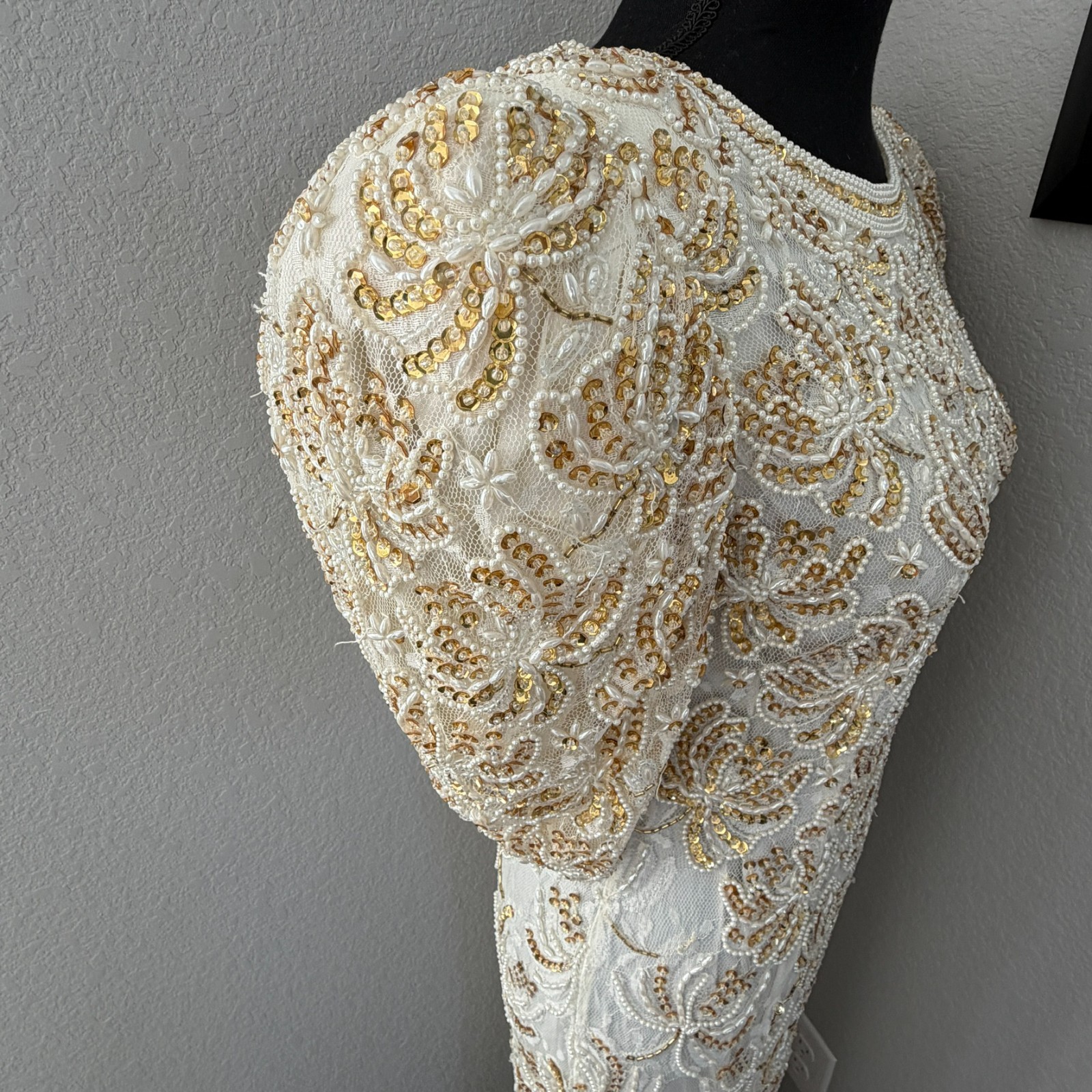VINTAGE 80s Judith Ann Creations Ivory Gold Beaded Sequin Gown Dress Small