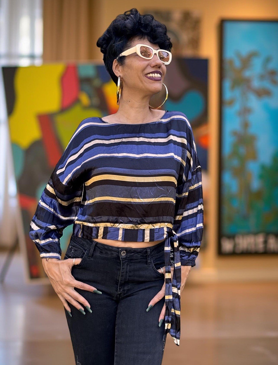 Beautiful Vintage Y2K Zara Satin Stripe Blue Gold, Black, crop top