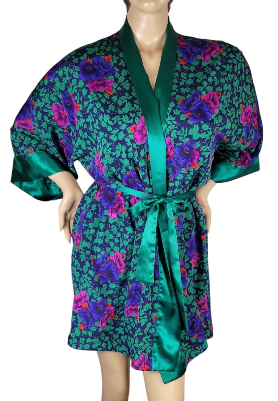 Vtg Victoria’s Secret Gold Label Poly Satin Green Purple Pink Red Floral Robe OS