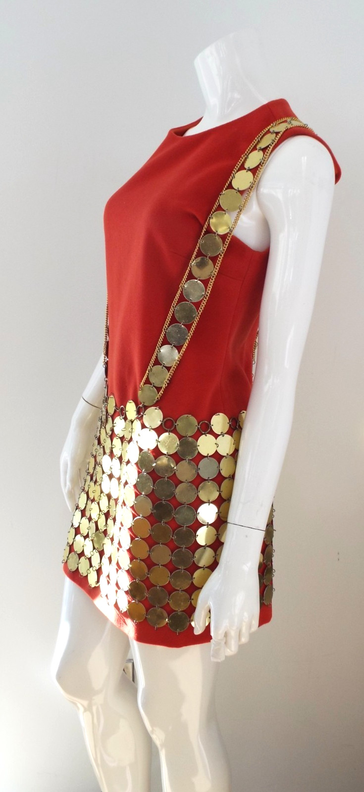 Vintage 1960s Gold Tone Metal Disc Chain Mail Vest Top & Skirt Dress Paillette