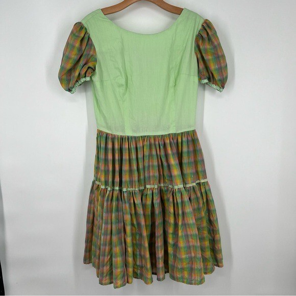 Vintage Nu-U Green and Metallic Plaid Square Dancing Swing Dress