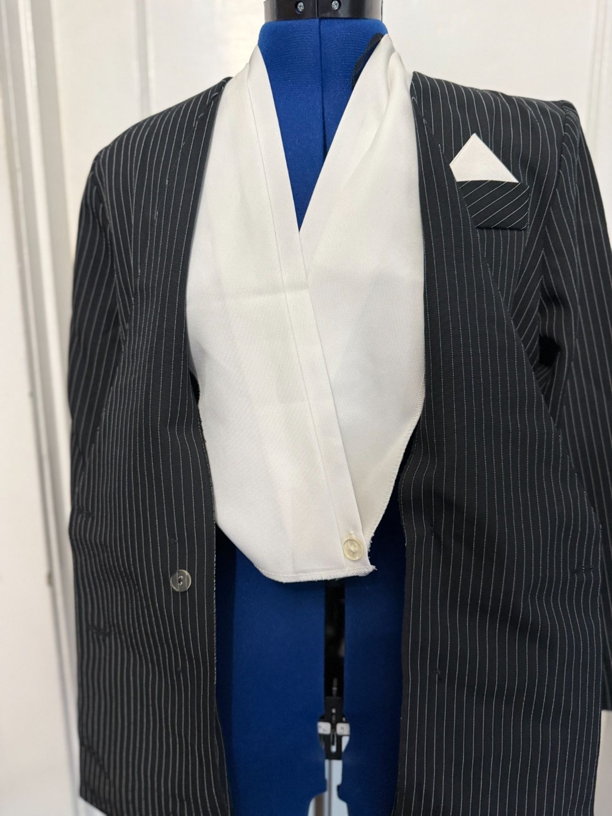 VTG 90s Black + Pinstriped Blazer Pearl Buttons Shoulder Pads, Attached Shirt