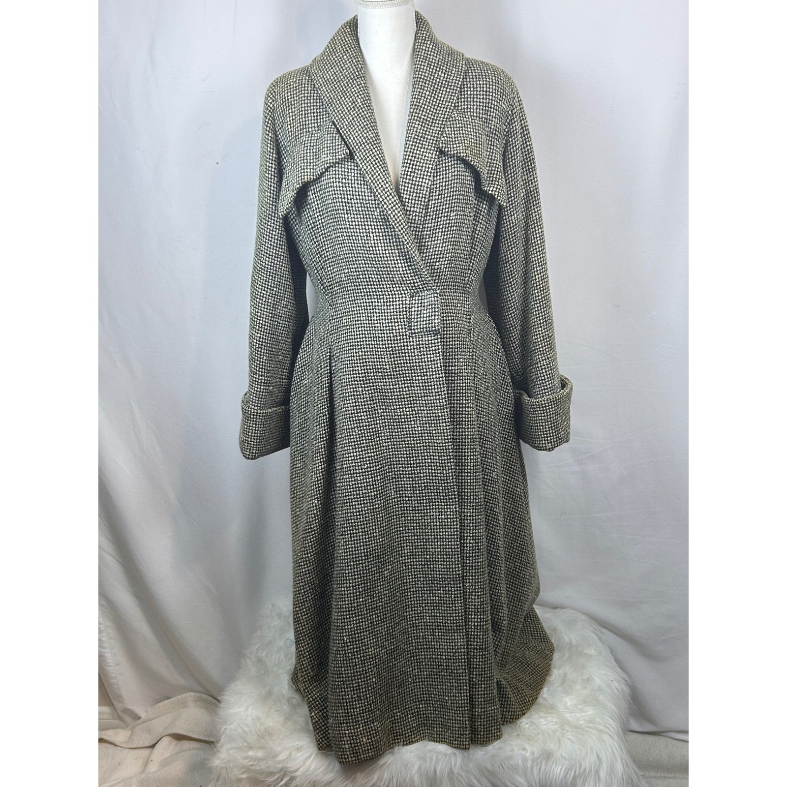 Vintage Great Britain Black White Tweed Wool Maxi Coat Long Trench Jacket Womens